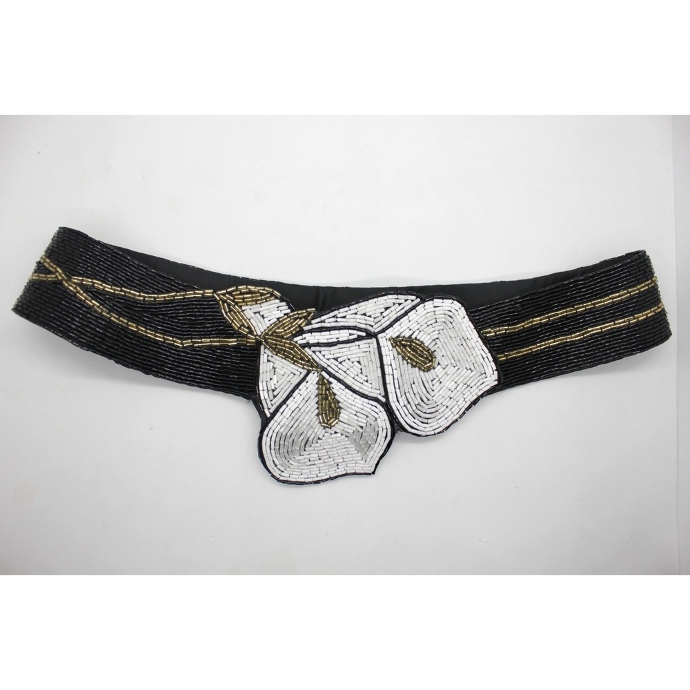 Jeromes Beaded Floral Waist Belt Black White Calla Lily Adjustable Vintage